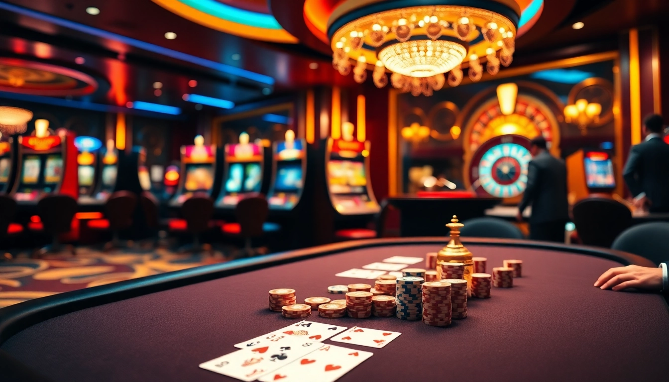Engage in thrilling games at https://33win.services/ with stacked poker chips and vibrant casino ambiance.