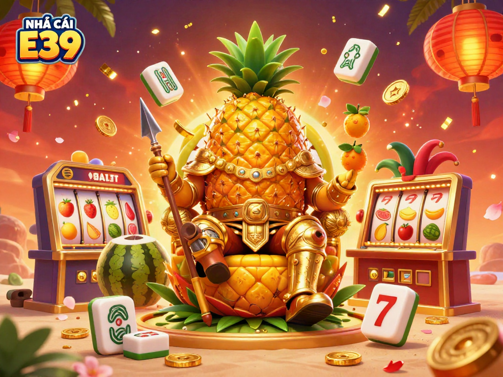 Engage in vibrant casino action at NHÀ CÁI E39 with a playful golden pineapple king, surrounded by lively gaming elements.