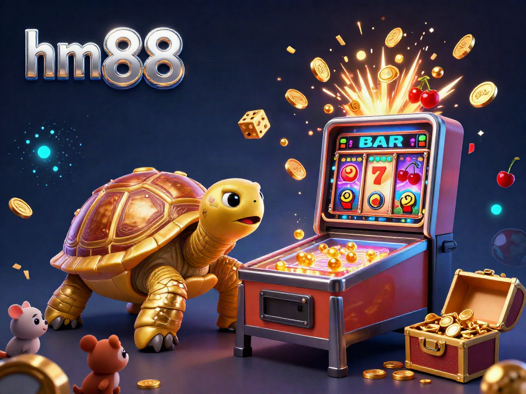 Experience the thrill of hm 88's casino life with this vivid 3D illustration showcasing golden tortoises and dynamic slot machines.