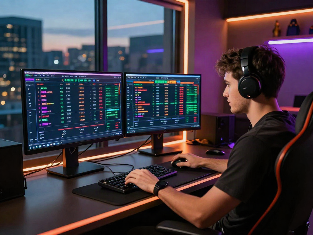 Engaging online betting scene showcasing player using dual monitors at https://9bet.ru.com/ with city view and vibrant atmosphere.