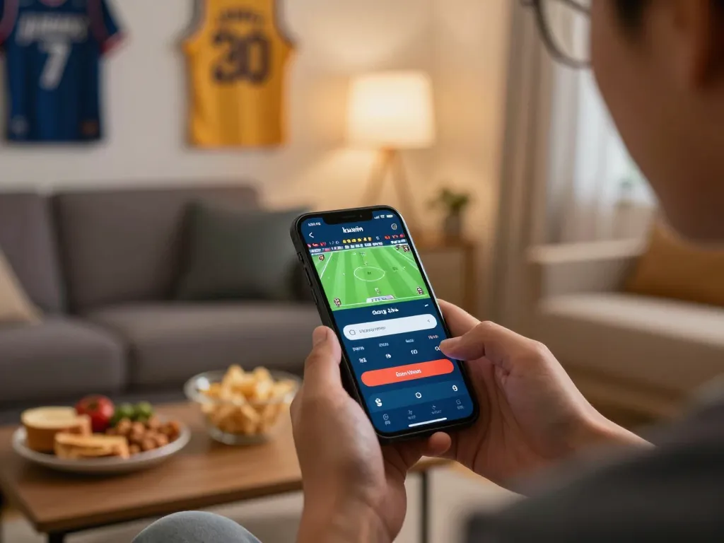 Placing bets on kuwin đăng nhập during a live sports event with a smartphone in hand.