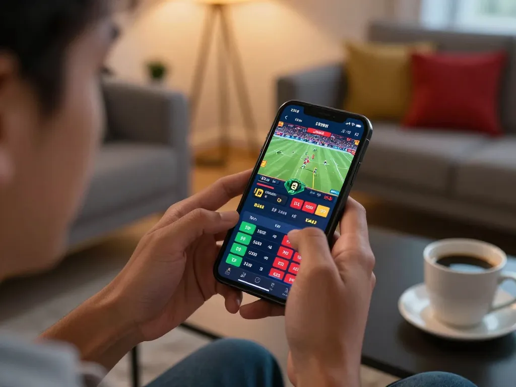 Placing bets on mobile sports app with Net88 while enjoying live game.