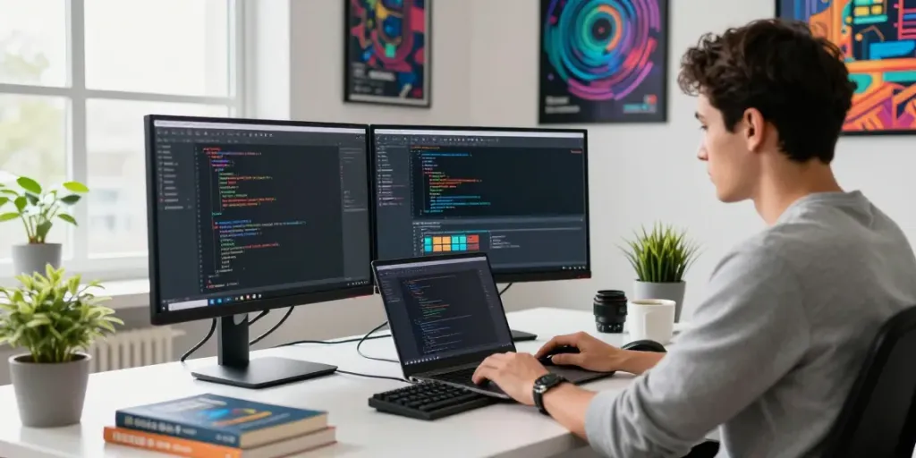 Developer focusing on instant indexing tools in a vibrant tech workspace.