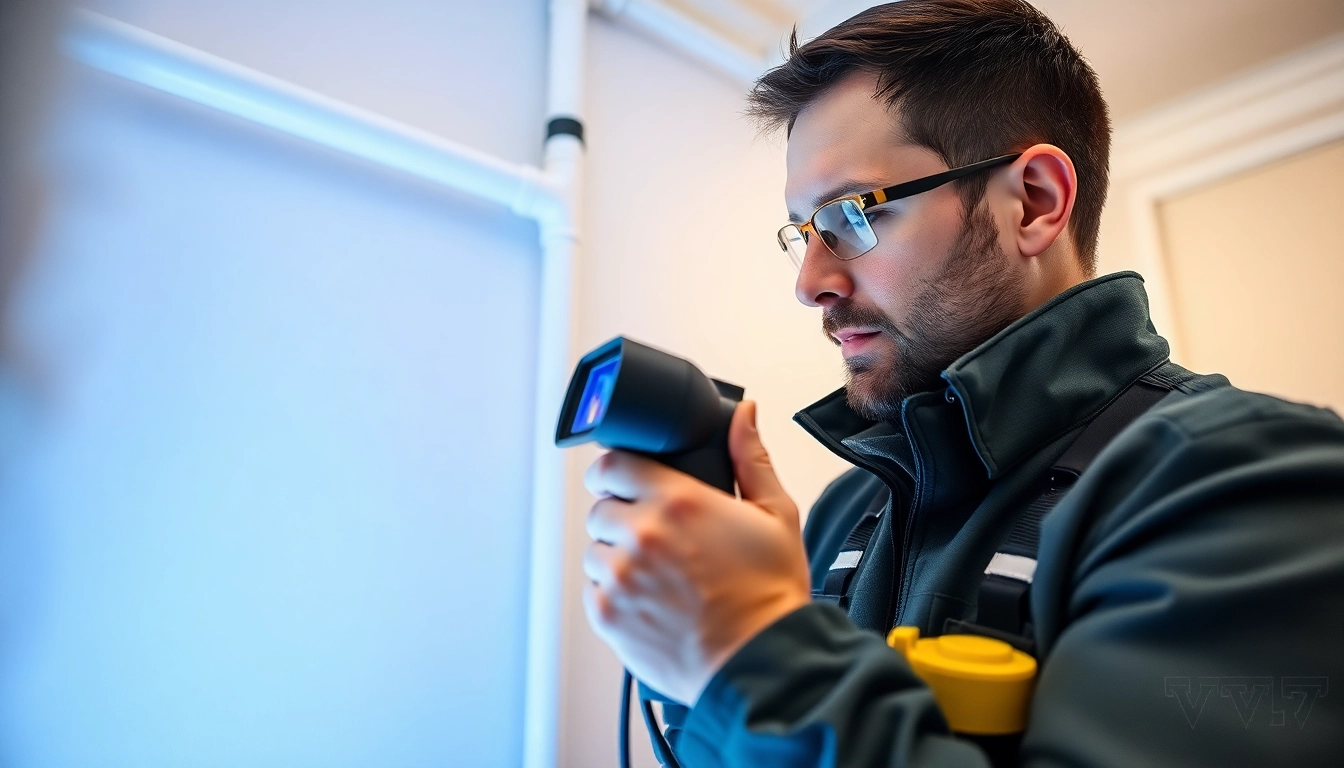 Power flush service in action, featuring a technician using advanced leak detection equipment.