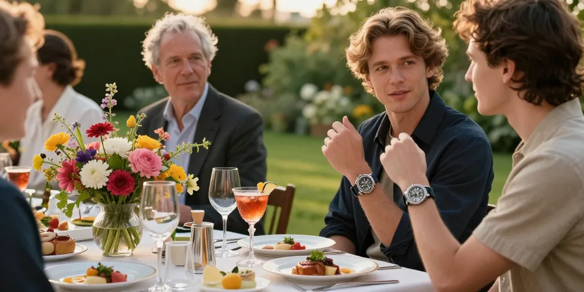 Elegant individual showcasing clone watches at a luxury garden party, surrounded by fine dining and lush greenery.