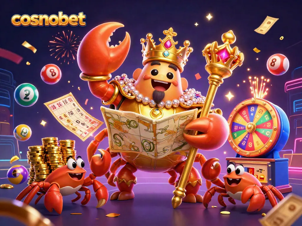 Engage with cosmobet's vibrant gaming universe featuring a golden crab emperor surrounded by lottery elements.