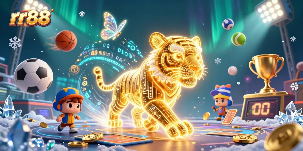 Bet on rr88 with immersive digital casino experiences featuring vibrant gaming elements and a golden tiger mascot.