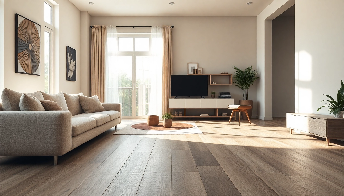 View flooring stores near me showcasing elegant grey oak LVP in a stylish living room setting.