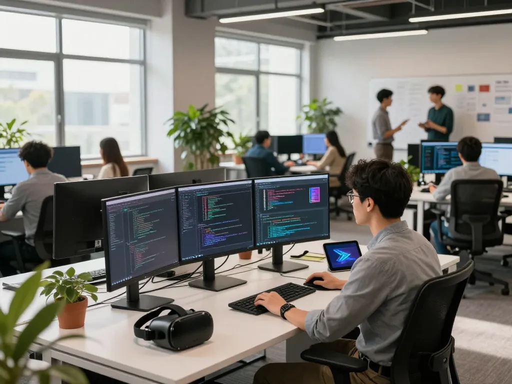 Image to prompt generator in a modern tech workspace, showcasing coding and collaboration in a vibrant atmosphere.