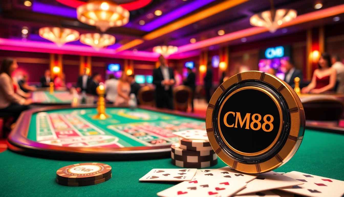 Experience CM88 gaming excitement with vibrant casino elements like poker chips and roulette tables.