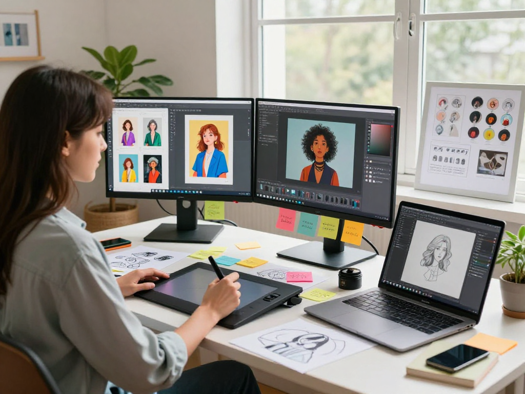 Creative digital workspace showcasing ai nsfw content creation with designer at dual monitors and digital tools.