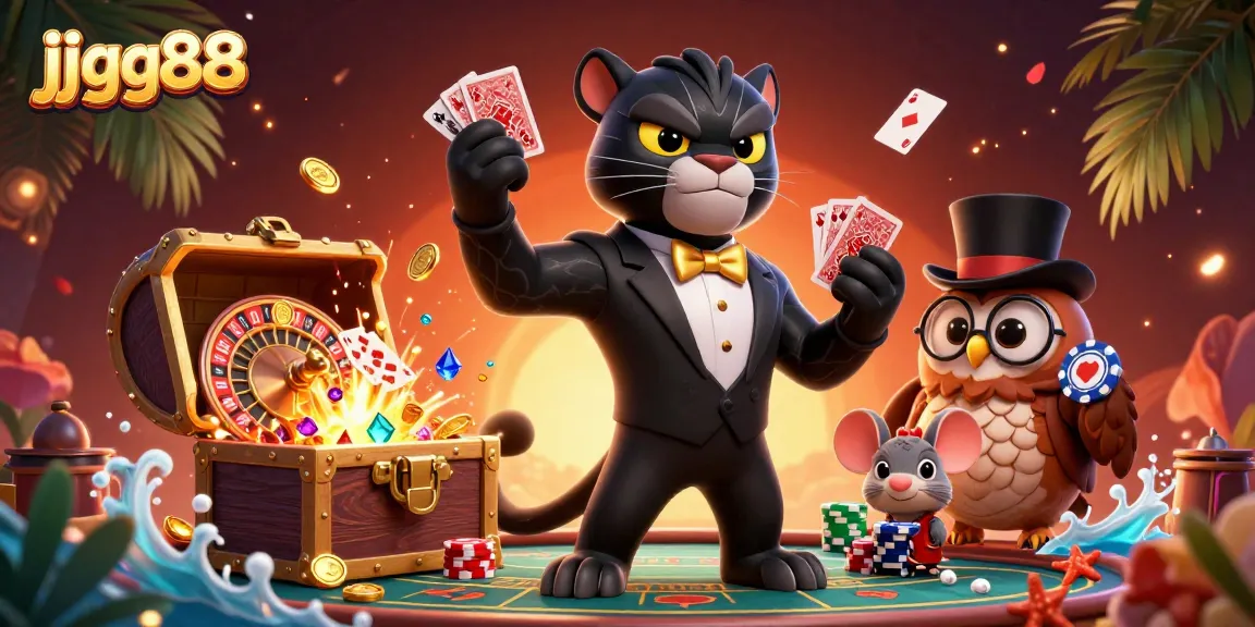 Experience thrilling gambling action at jjgg88 with a stylish panther dealing cards and vibrant casino elements.