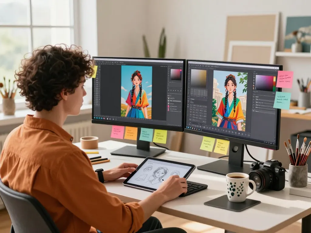 Artist using the Nano Banana Pro AI image editor in a creative workspace.