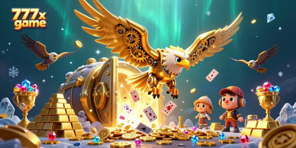 Engage in the thrilling 777x game with a dynamic scene of a golden eagle amidst cascading holographic cards and treasure elements.