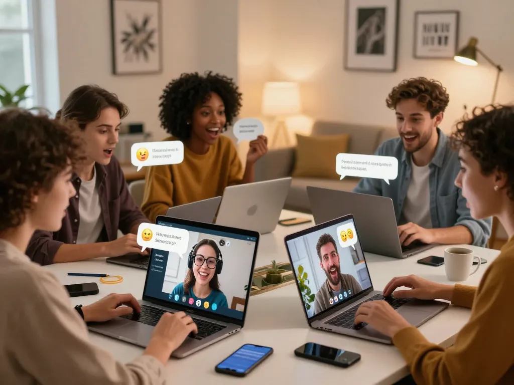 Engaging spicy chat scene with diverse people enjoying lively online conversations, modern home setup.