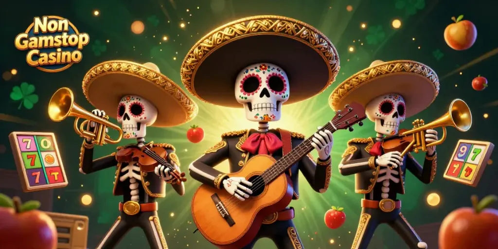 Experience the excitement of Non Gamstop Casino with vibrant Day of the Dead mariachi characters amidst dynamic slot gaming elements.