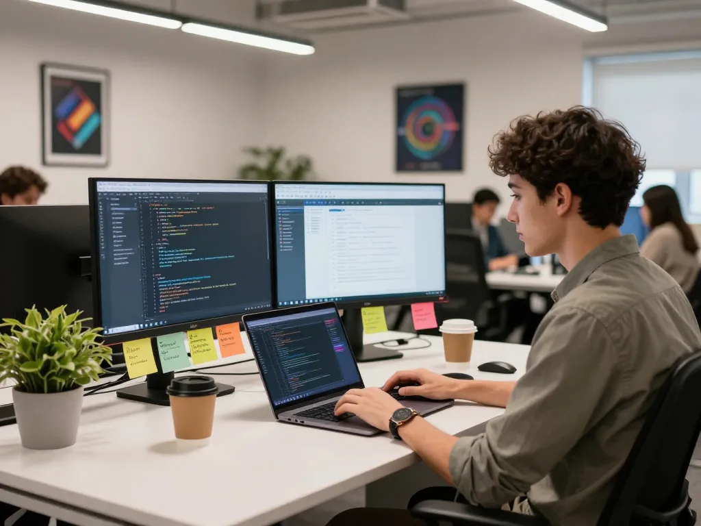 Developer utilizing an open claw personal AI assistant in a modern office setup with screens showcasing productivity tools.