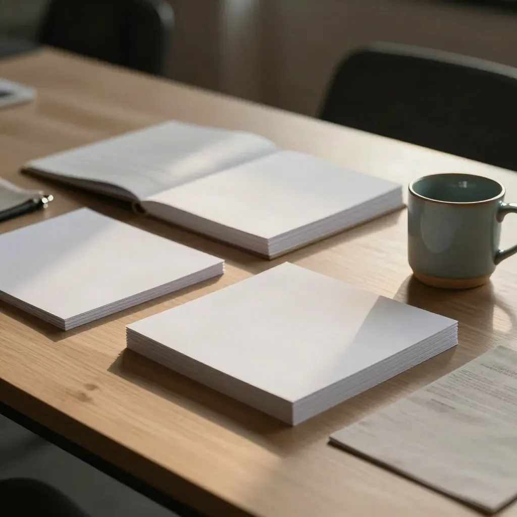 Open consultancy workshop kit on pale oak with boards, folder and mug in dramatic haze.