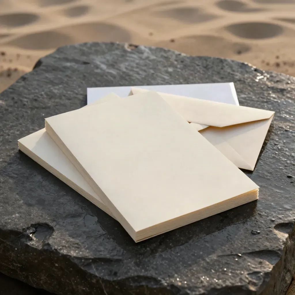 Cream market research pack laid on wet stone with card stack, field notes and sealed envelopes.