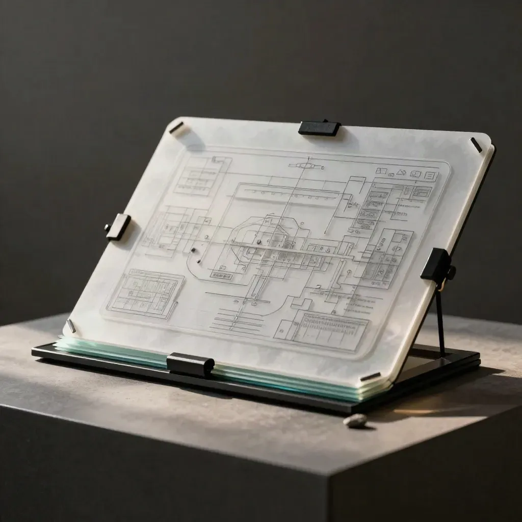 Layered acetate process board with clips and stone weight on a graphite pedestal, low angled macro