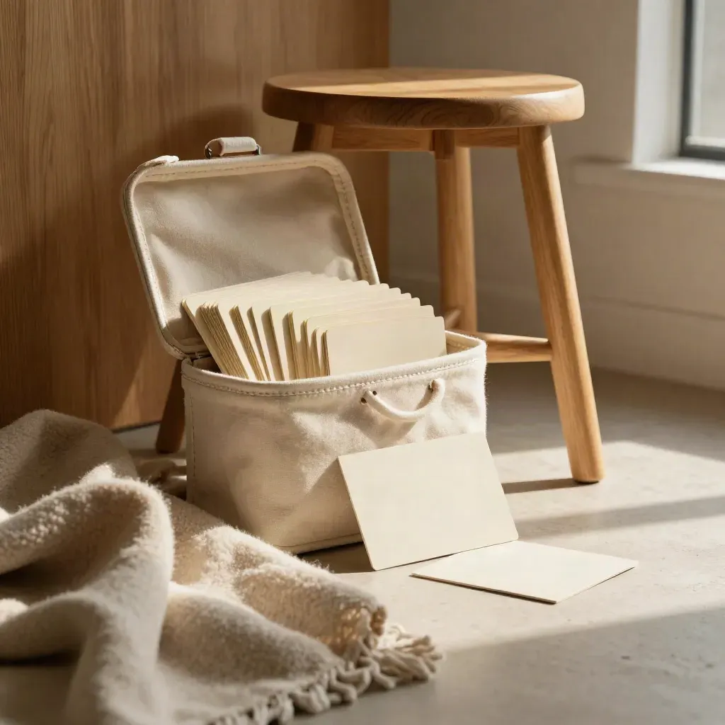 Workshop kit on a pale oak stool with canvas case, board cards, and folded wool blanket