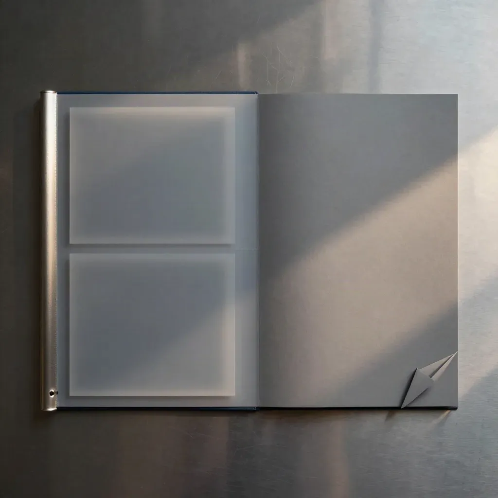 Overhead flatlay of analysis cards, frosted acetate sheets and a clipped binder edge on brushed aluminium.