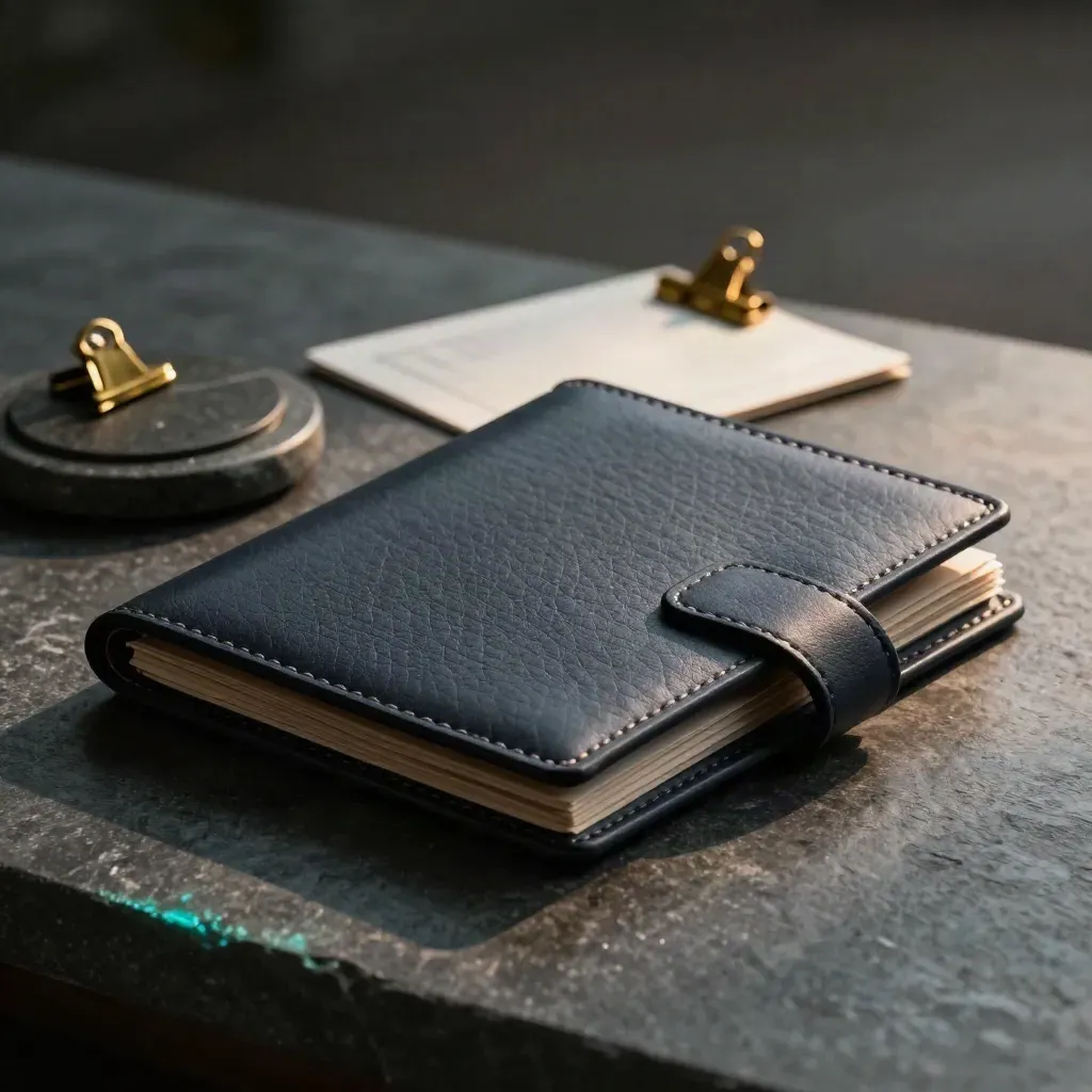 Slate leather board pack with brass clips and stone coaster in dramatic macro close-up.