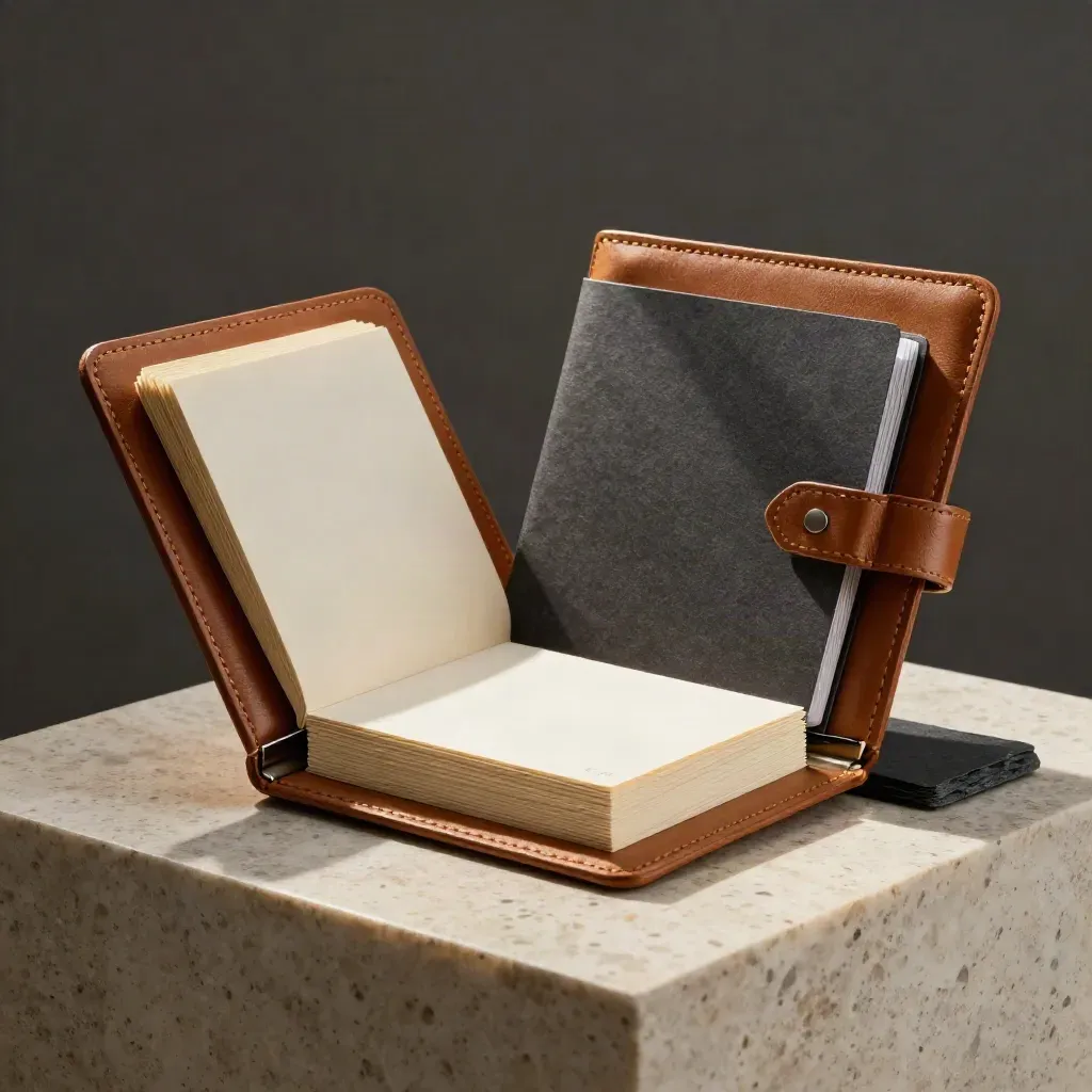 Leather interview kit on travertine pedestal with blank cue cards and slate accent.