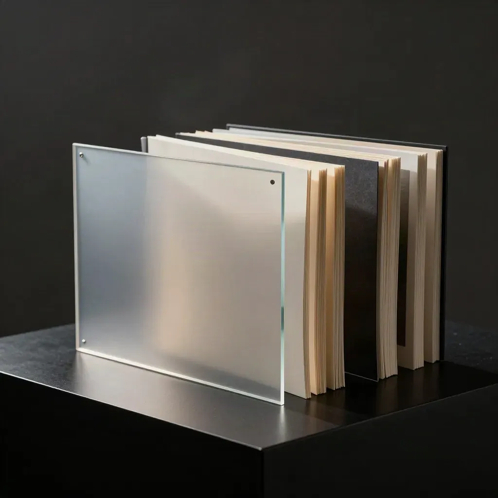 Layered strategy folios and acetate panes burst open in a dark studio with navy rim light.