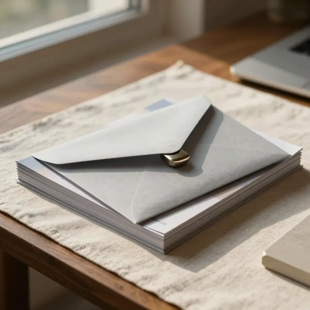 Pale report bundle with frosted dividers, grey envelope and metal clip on linen