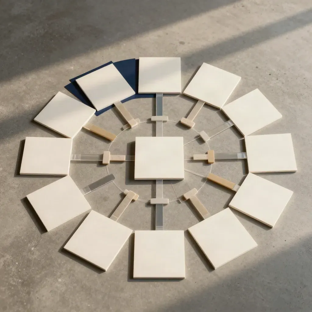 Overhead process map kit flatlay with cards, overlays and clips on concrete