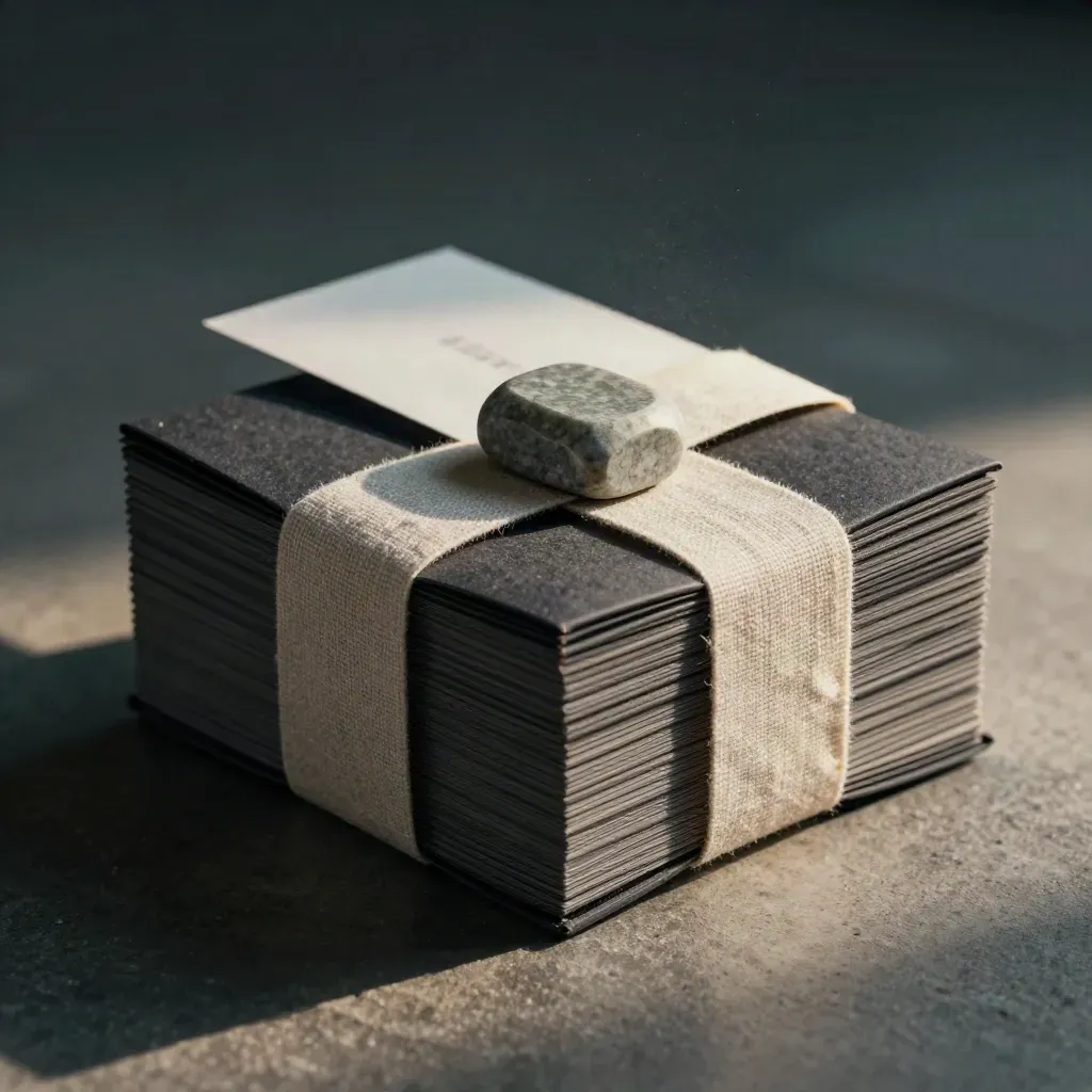 Charcoal strategy pack wrapped in linen beside a stone paperweight on rough plaster.