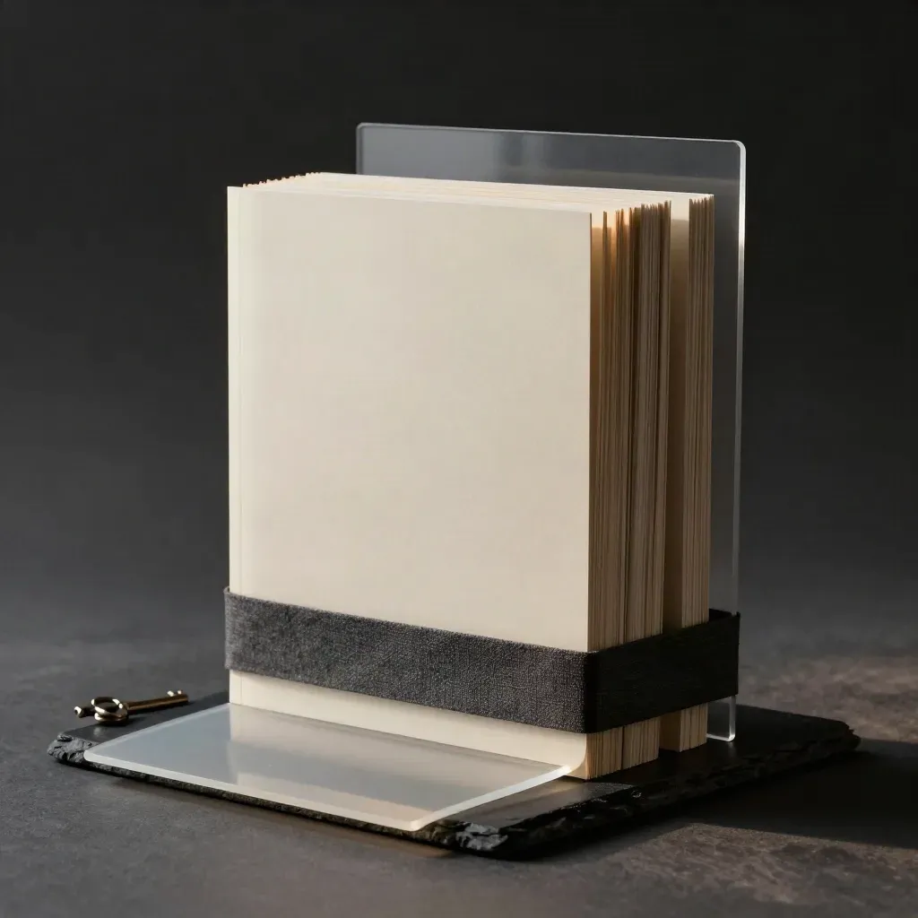 Dark SME growth audit folio stack with acetate tabs, linen wrap, mist, and cool rim light.