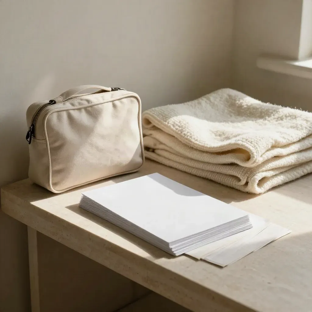 Canvas workshop kit with blank cards and a folded wool blanket on a pale bench in soft haze