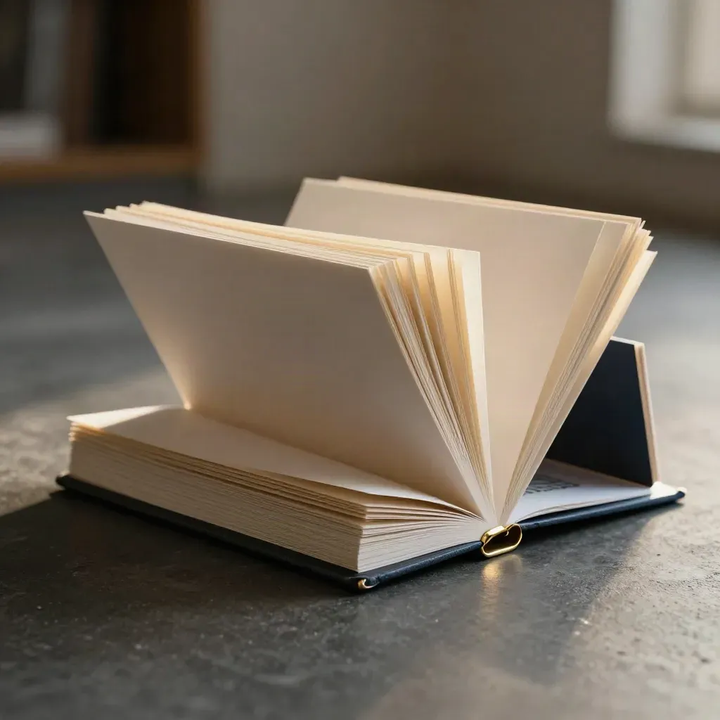 Slate board review bundle with brass clip on a dark plinth, fanned papers and a soft navy glow