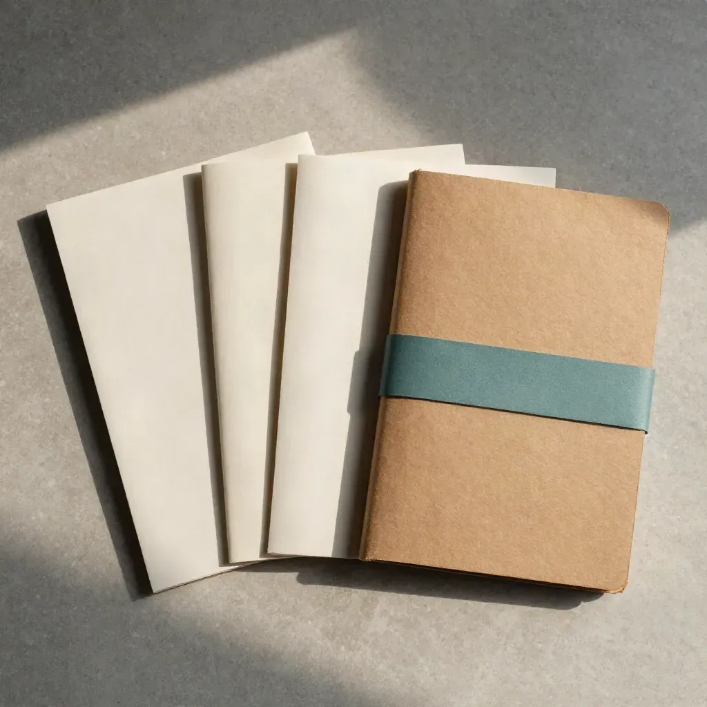 Overhead flatlay of a ninety-day action plan bundle in kraft, cream and muted teal on stone.