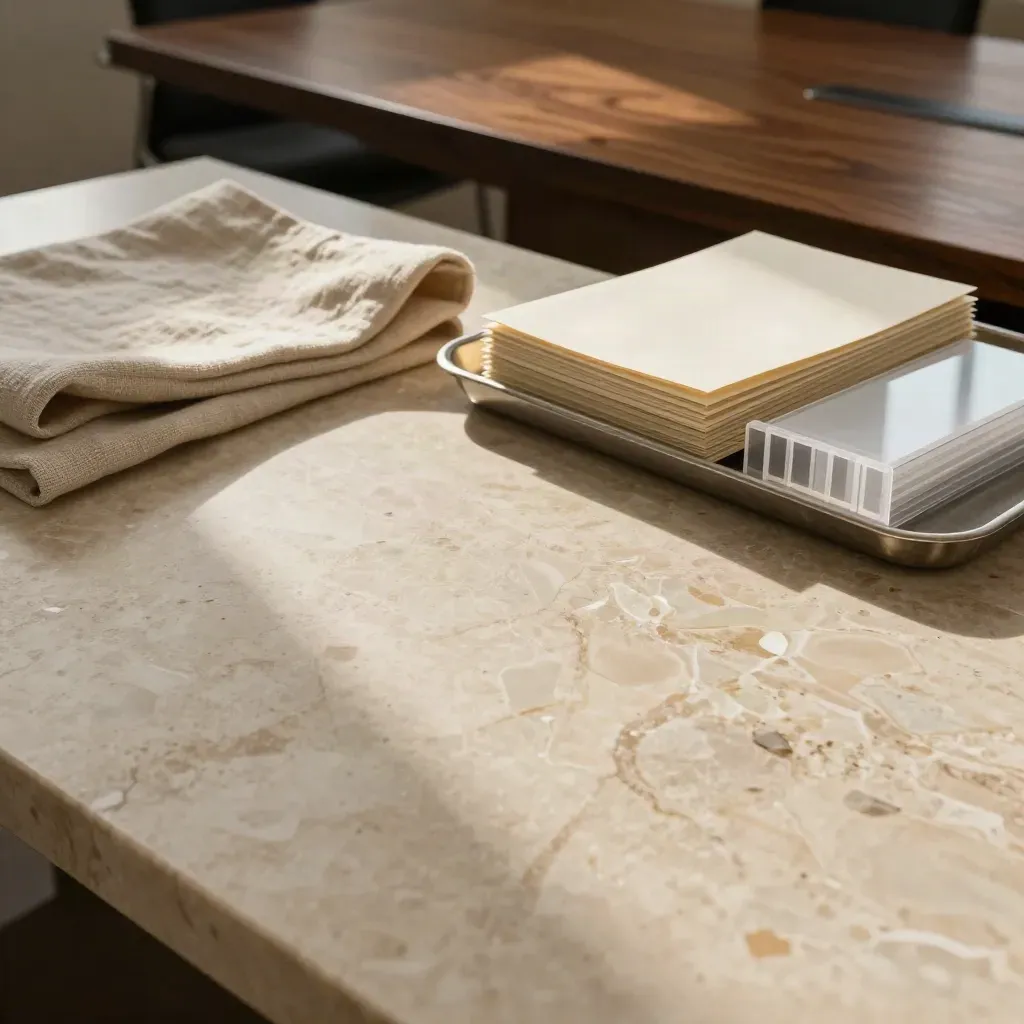 Travertine slab, linen fold and steel tray in warm light, with cream folders and walnut edge.