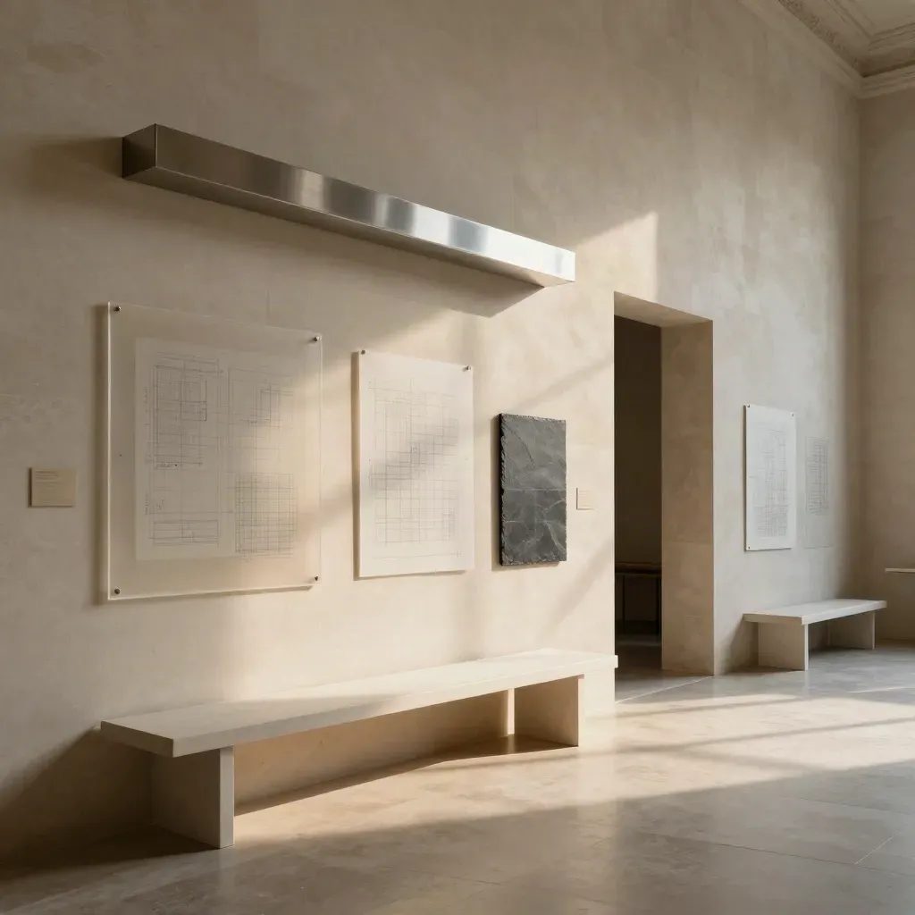 Sunlit limestone strategy studio with abstract boards, pale bench, and soft haze