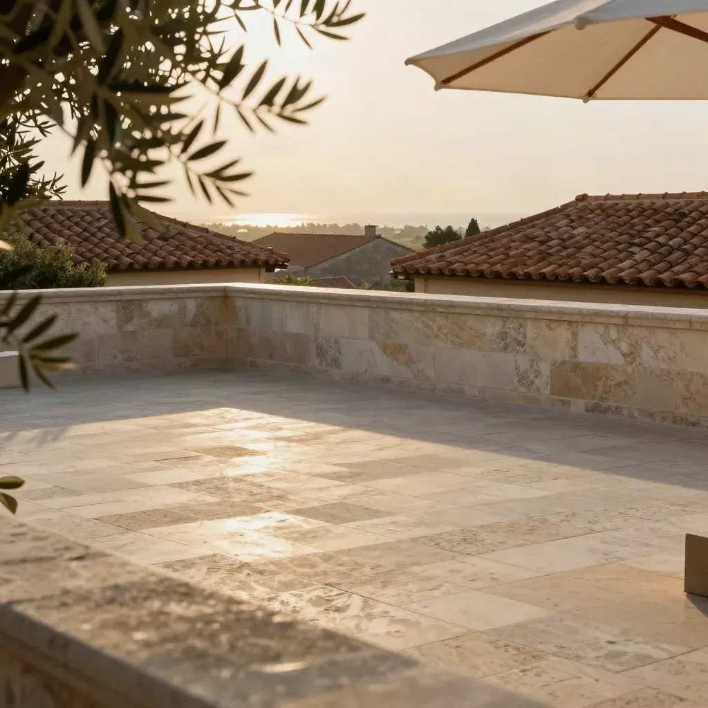 Golden stone terrace with olives, parasol edge, and distant rooftops under warm evening light.