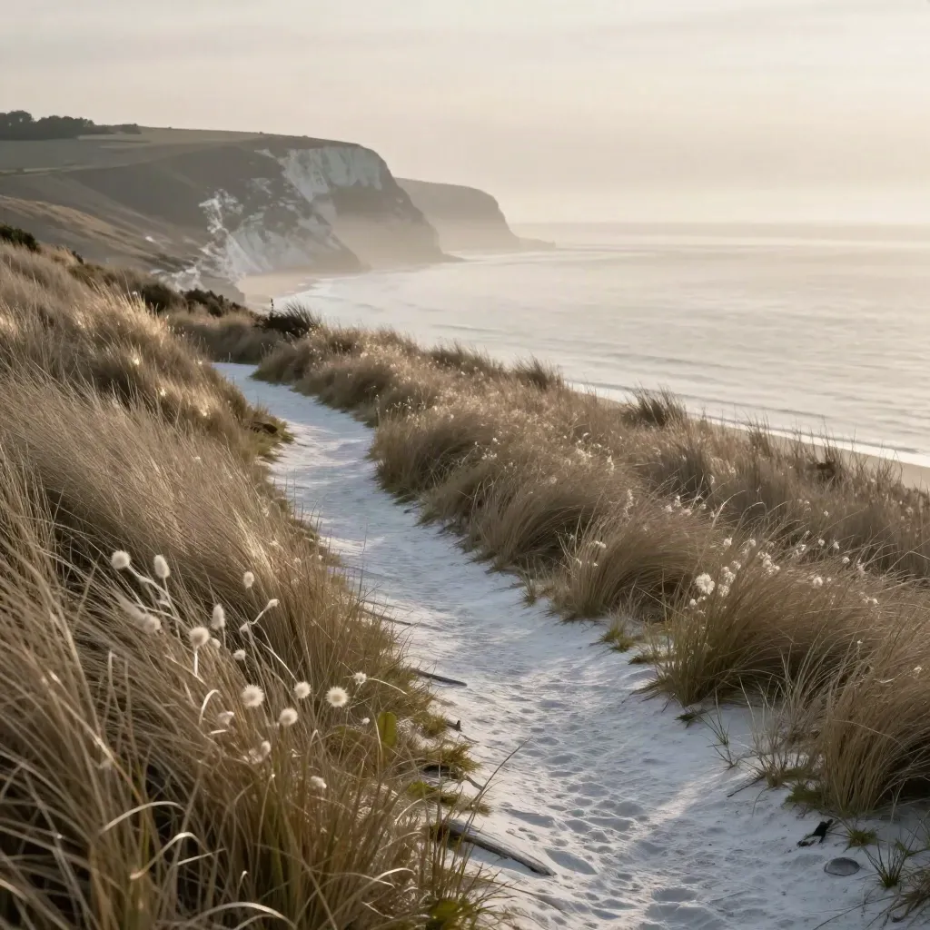 Windblown chalk coast path above a misty sea, grasses high in frame and open calm water below.