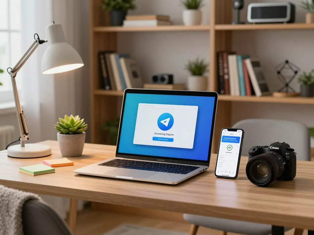 在温馨的家庭办公室下载Telegram，展示Telegram下载。