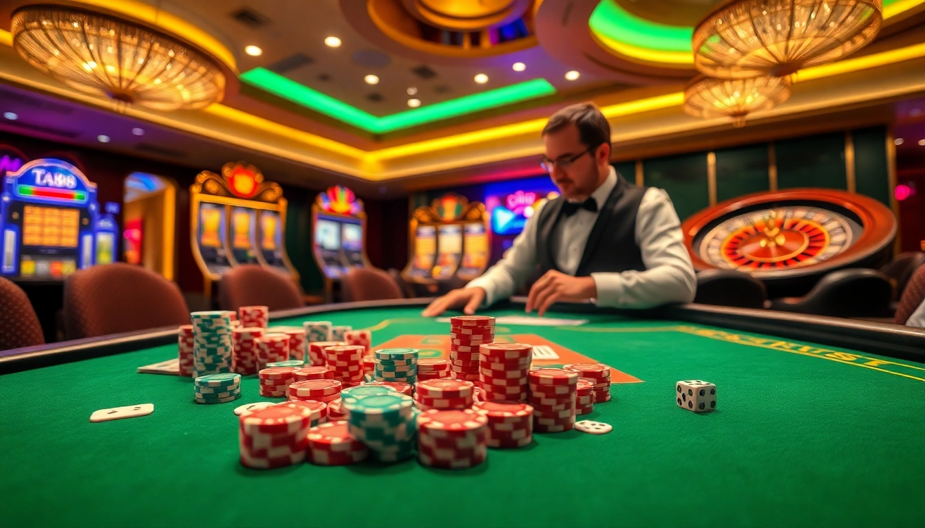 Experience the thrill of ta88 at a luxurious casino with vibrant slot machines and a dealer in action.