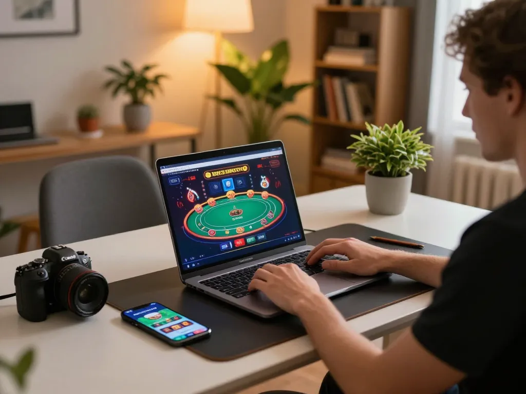Player engaging with MB66 app for poker, showcasing a home gaming setup with strategic elements