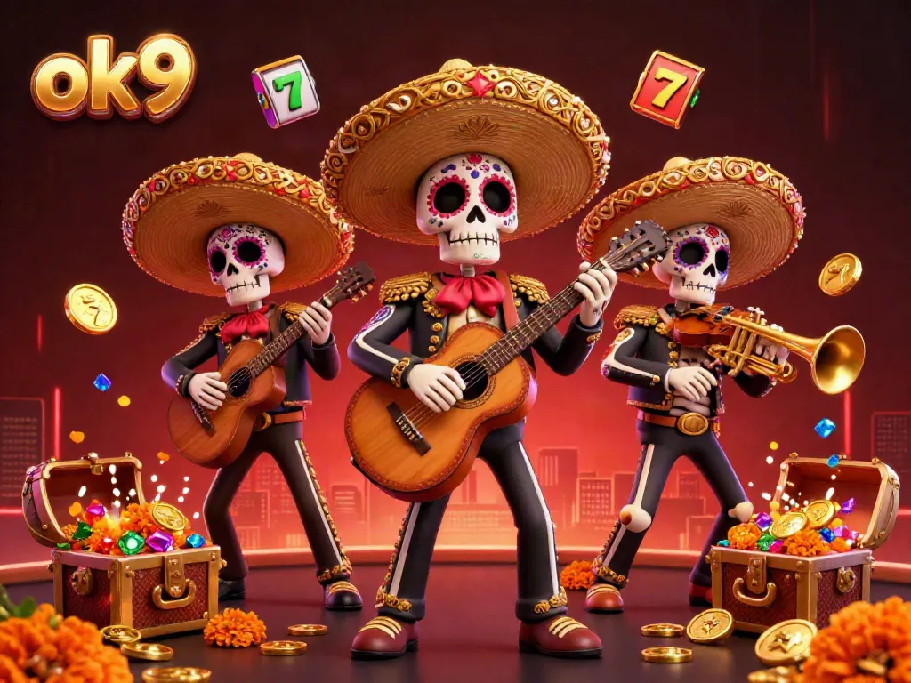 Experience thrilling online gaming with ok9 as skeleton mariachi musicians celebrate amidst vibrant casino chaos.
