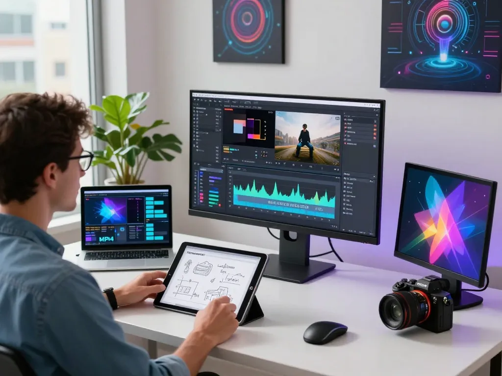 Creative workspace with professional analyzing video to prompt ai technology, showcasing modern tools and digital environment.