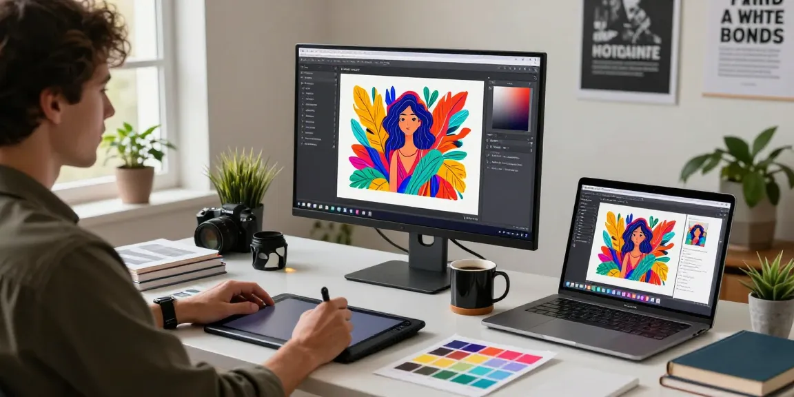 Creative workspace showcasing the image to prompt generator in action with design tools and vibrant AI art.