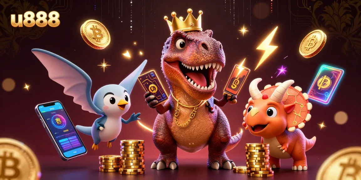 Engage in thrilling slots action at u888 with a cartoonish T-Rex and friends celebrating wins.