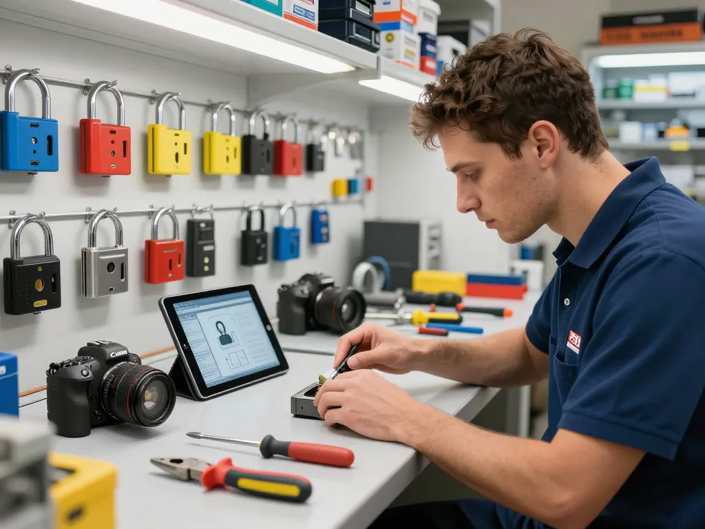 PSL Lock and Key locksmith technician organizing locks and tools in a professional workspace.