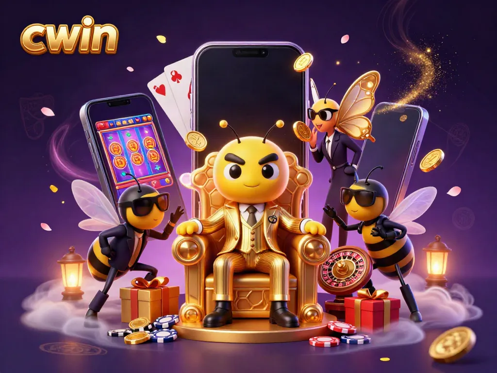 Spin slots at cwin with a cartoon bumblebee mob boss and golden gaming elements.