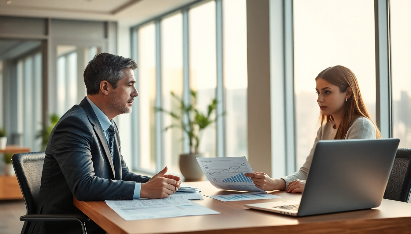 Consulente finanziario che discute della Legge 3 a chi rivolgersi con un cliente in un ufficio moderno.